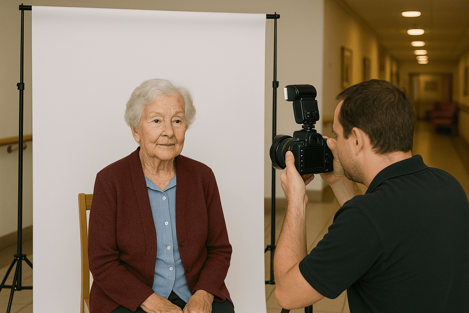 Een oudere dame laat pasfoto's maken op locatie in een verzorgingshuis
